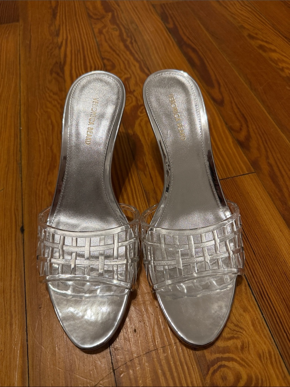 Veronica Beard Silver Slide Heel with Clear Woven Strap